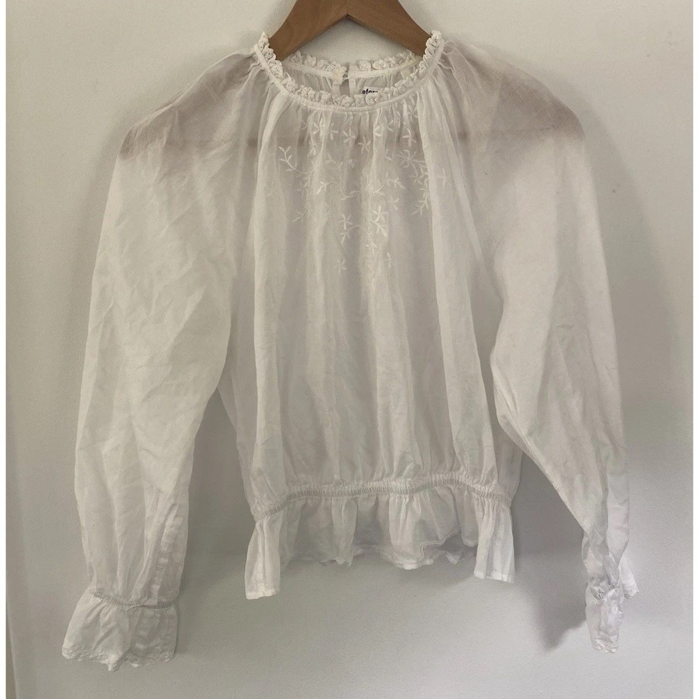 Reformation Sheer Peasant Blouse Small Embroidered Ruffle White Romantic Cotton